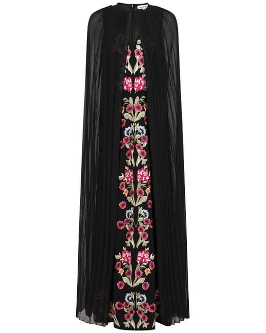 Frock and Frill Black Valentina Floral Embroidered Maxi Dress With Pleated Cape