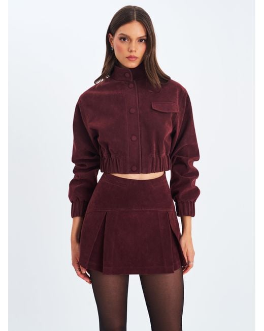 Miss Circle New York Purple Faryn Mahogany Vegan Suede Pleated A-Line Mini Skirt