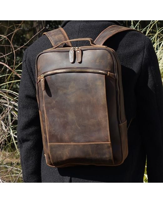Touri Brown Minimalist Zip Open Leather Backpack for men