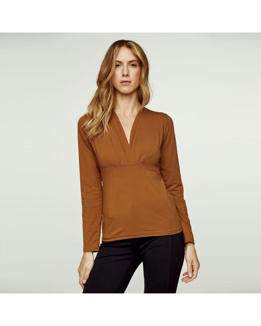Conquista Brown Long Sleeve Chocolate Faux Wrap Top In Stretch Jersey Sustainable Fabric
