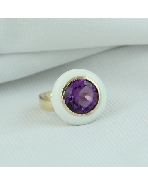 Artisan Purple 14K Enamel & Amethyst Halo Cocktail Ring