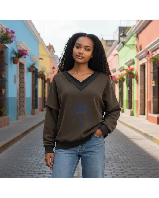 BEIRA Black Victoria V-Neck Sweatshirt – Starry Eye Khaki