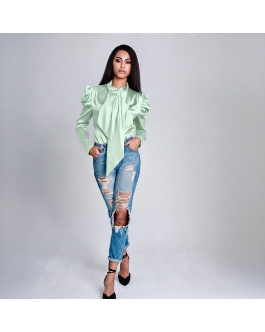 Imaatu Green Water Mint Silk Satin Tie-Neck Blouse – Elegant Evening Statement