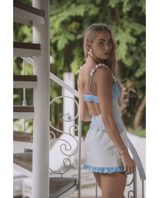 Clerestory Blue Luscia Pearl Strap Mesh-Waist Linen Mini