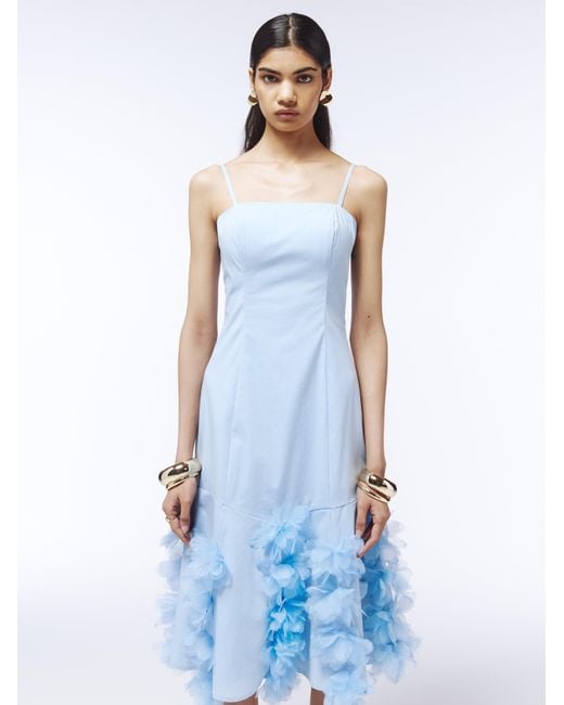 Sour Figs Blue Watercolour-Edge Floral Appliqué Midi Slip Dress