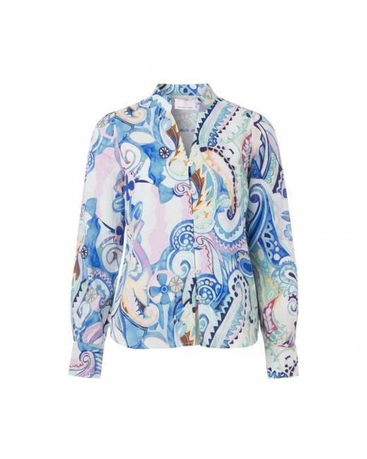 Franchetti Bond Blue Filide Paisley Swirl Ruffle Neck Blouse