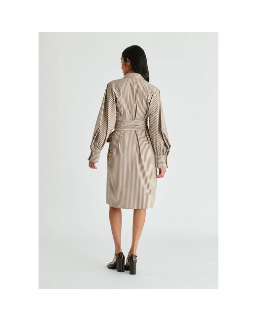 Paisie Natural Neutrals Striped Volume Sleeve Shirt Dress With Matching Tie Belt