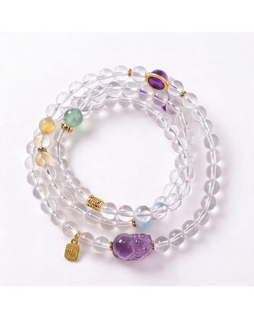 Ormiro Pink Pixiu Clear Quartz, Amethyst & Aquamarine Wrap Bracelet