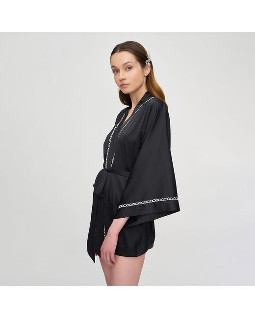 Avenue 8 Black Kimono Style Mini Silk Top With Binding Tape