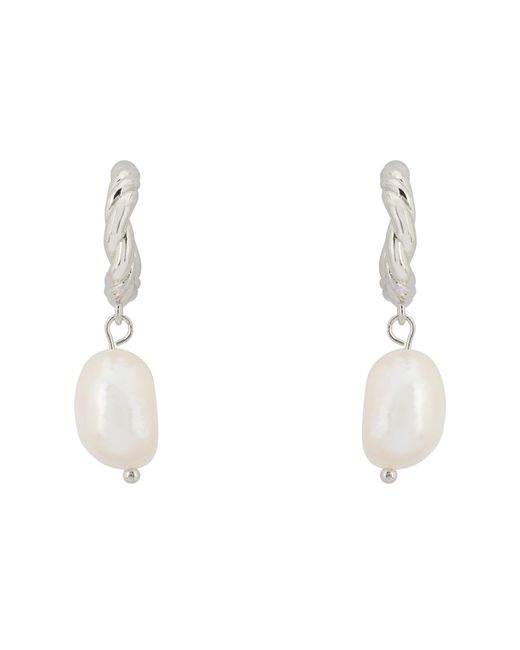 Latelita London White Twisted Flax Pearl Hoop Earrings Silver