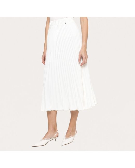 Nissa White Pearl-Trim Pleated Midi Skirt