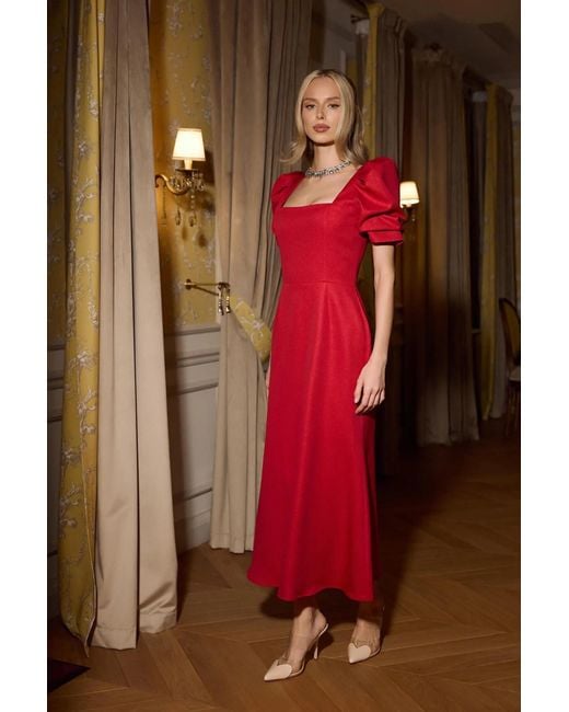 POST MERIDIEM Red Godet Silhouette Square Neck Midi Dress