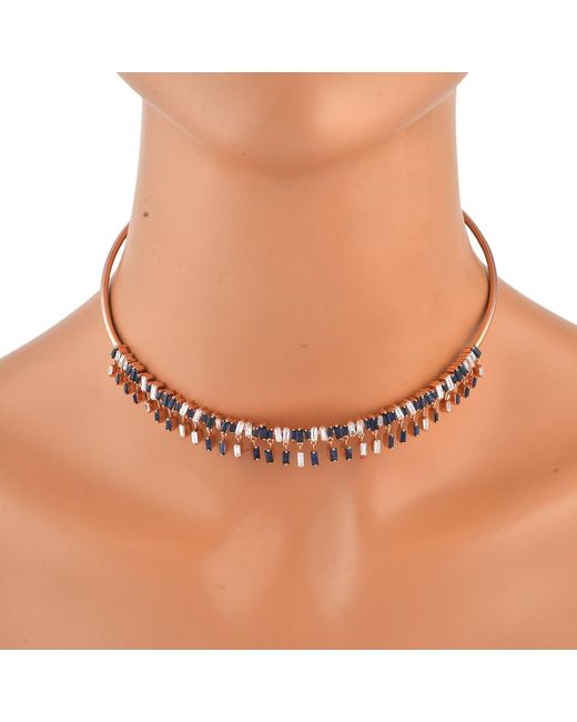 Artisan Metallic Blue Sapphire Diamond Solid Rose Gold Baguette Choker Necklace