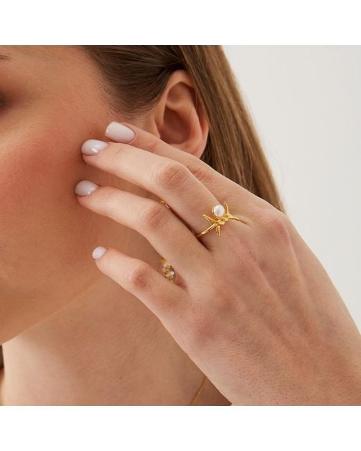Spero London Metallic Barbed Wire Design Pearl Adjustable Sterling Natural Hammered Ring