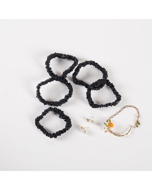 Soft Strokes Silk Black Pure Mulberry Silk Skinny Scrunchie Set Of Five
