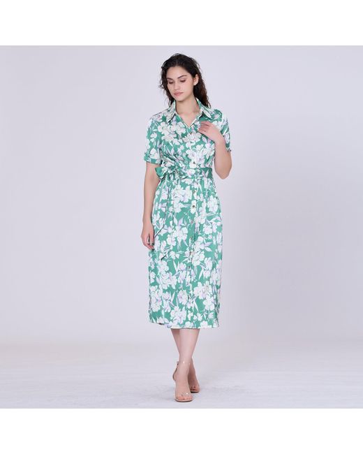 Smart and Joy Green Macro Flower Print Midi Shirt-dress