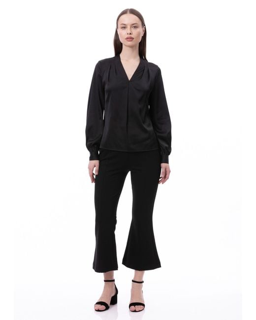 Carloslines Blue V-Neck Pleat Detail Balloon Long Sleeve Blouse