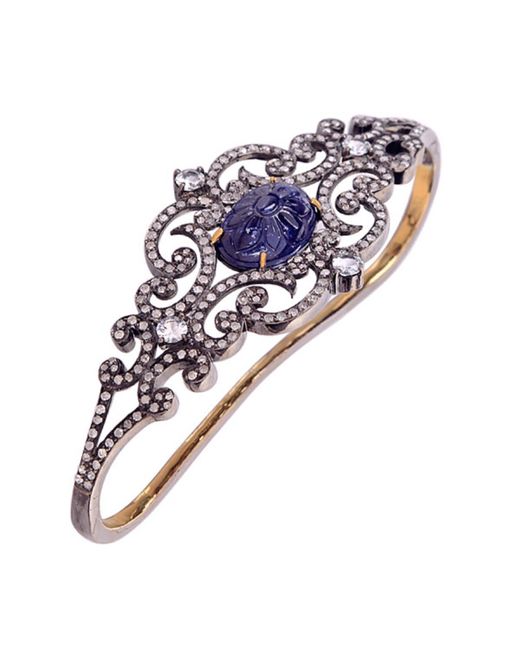 Artisan Carved Blue Sapphire & Pave Diamond In 18k Gold And Silver Victorian Palm Bracelet
