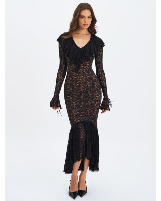 Miss Circle New York Black Parisa Lace Ruffled Mermaid Maxi Dress