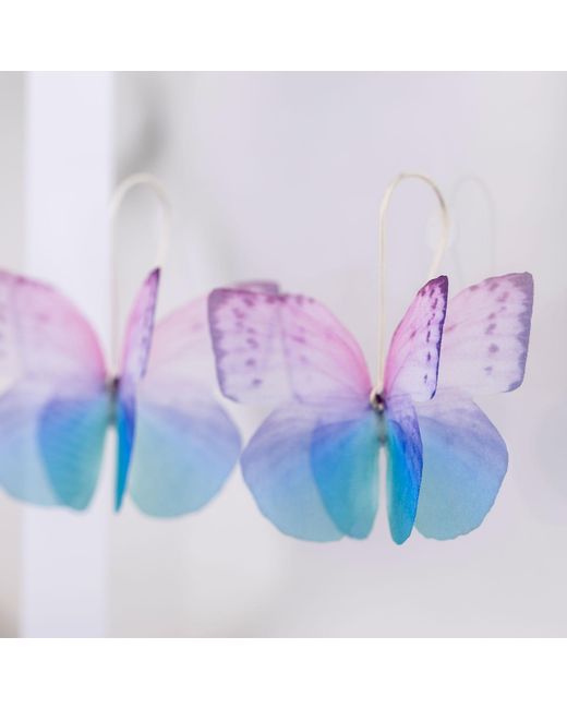 Oana Savu Blue Silk Butterflies Earrings Sterling Wire Dangle Drop Jewelry