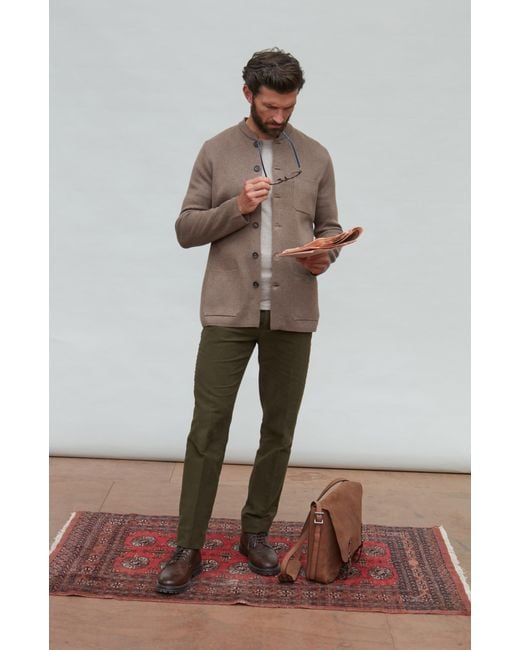 Paul James Knitwear Brown Midweight Cotton Jaipur Knitted Nehru Jacket for men