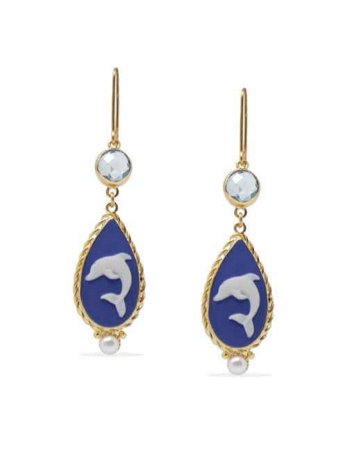 Vintouch Italy Blue Dolphins Cameo Earrings With Topaz