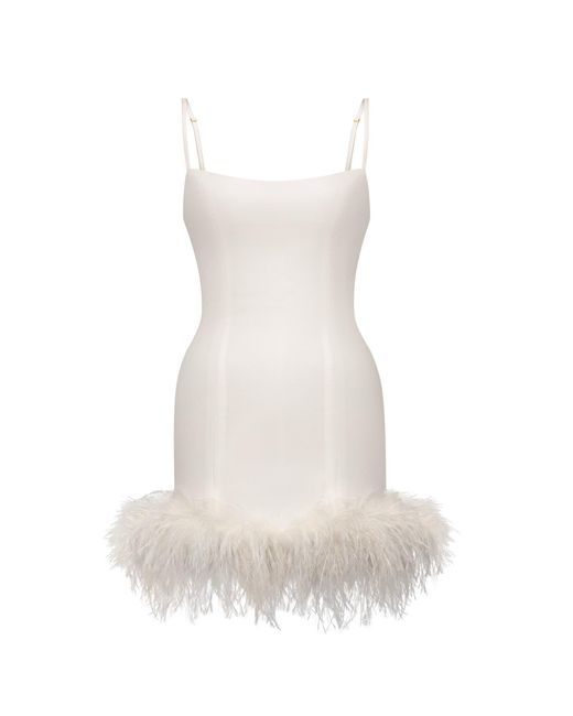 Sanctumum White Feather-Trimmed Fitted Wool Viscose Mini Dress