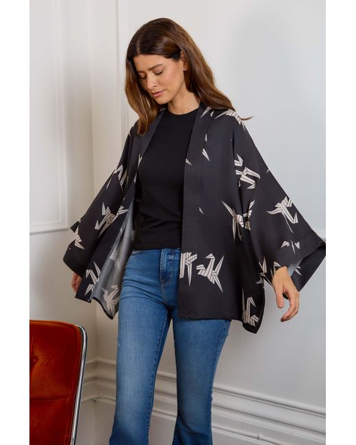 Artemis Muse Blue Neutrals Japanese Origami Bird Print & Ivory Short Light Weight Kimono