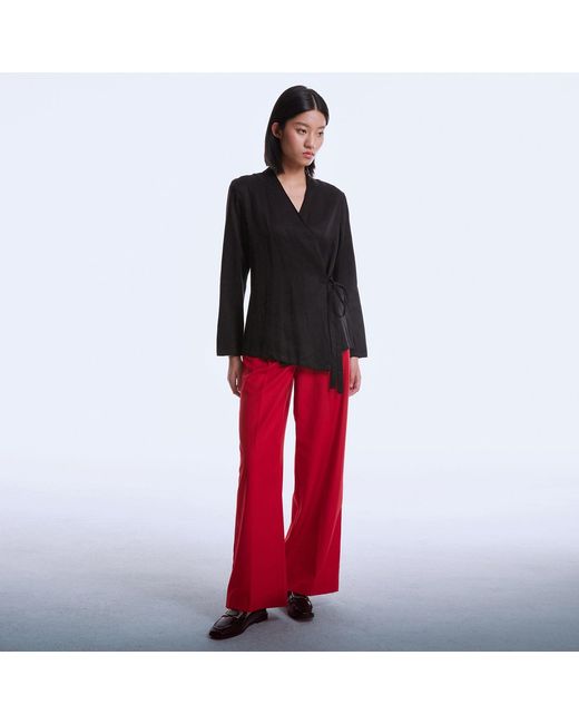 Smart and Joy Black Satin Wrap-Over Blouse