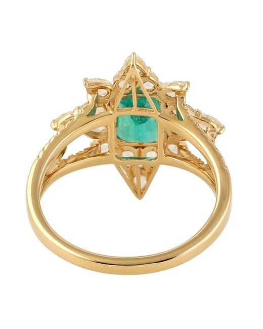 Artisan Metallic Natural Emerald & Diamond Beautiful Cocktail Ring 18k Yellow Gold