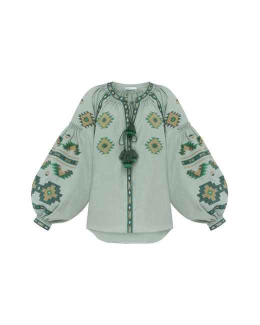 Annabo Green Rombé Geometric Embroidered Linen Blouse –