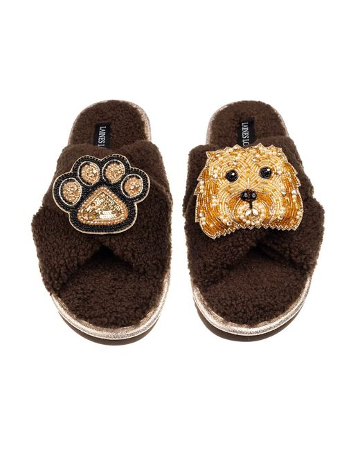 Laines London Brown Neutrals Laines Neutral Boucle Slippers With Enki Doo The Cockapoo & Paw Brooches