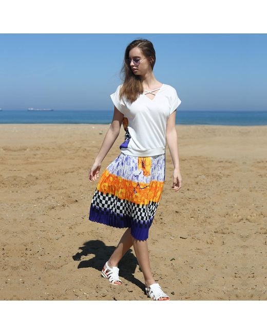 Lalipop Design Blue Colorful Digital Pleated Midi Skirt