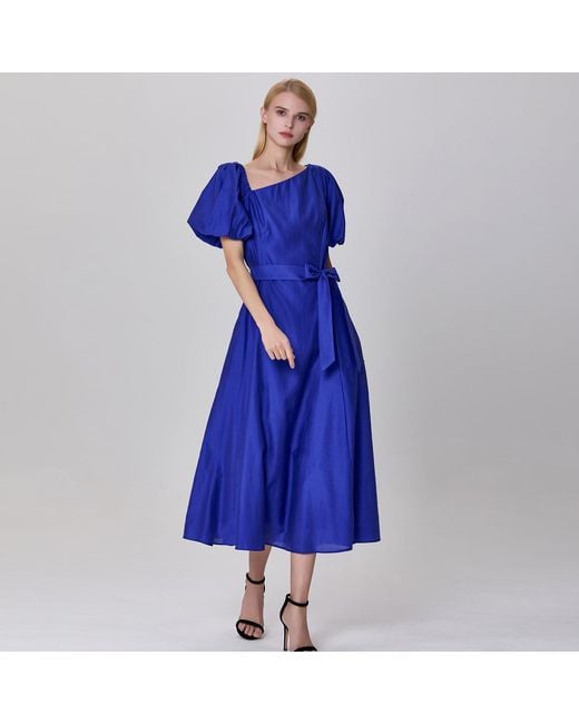 Smart and Joy Blue Fit-And-Flare Asymmetric Collar Dress