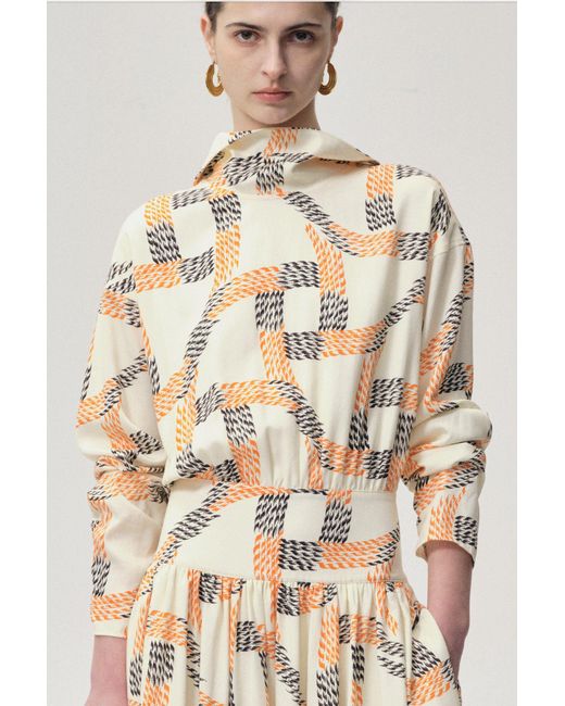 FRONT ROW SHOP Natural Printed Trompe-L'Ceil Dress Multi