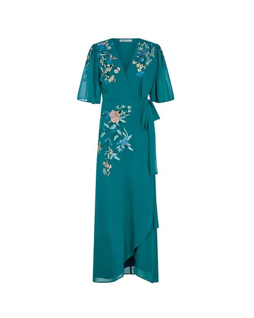 Hope & Ivy Green The Klara Embroidered Flutter-Sleeve Maxi Wrap Dress With Tie Waist
