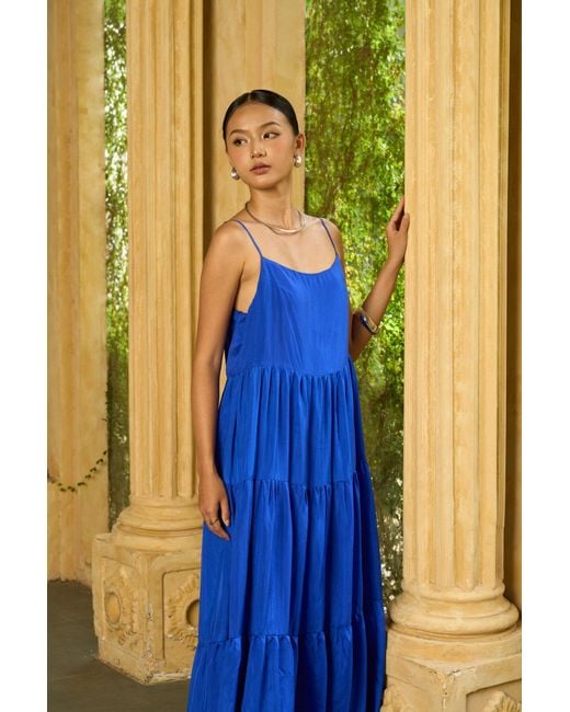 Silk and Bears Blue Valentina Royal 100% Silk Tiered Maxi Dress — Habotai Silk