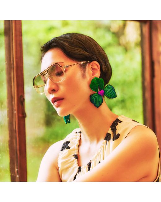 Nana Watanabe Green Click Flora Folded Dimensional Embroidered Earrings
