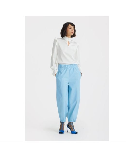 Julia Allert White Neutrals Designer Satin Blouse With Bishop Sleeves And Stand Collar –