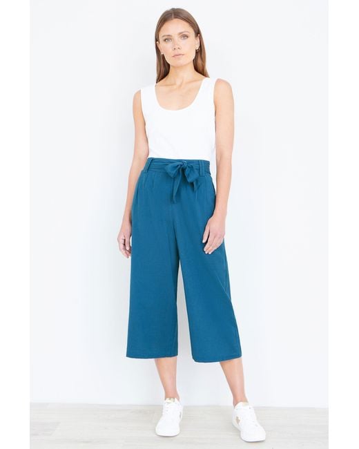 Yumi' Blue Linen Mix Cropped Trousers With Tie Belt