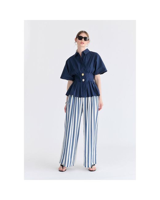 Paisie Blue Front Pleats Detail Wide Leg Trousers