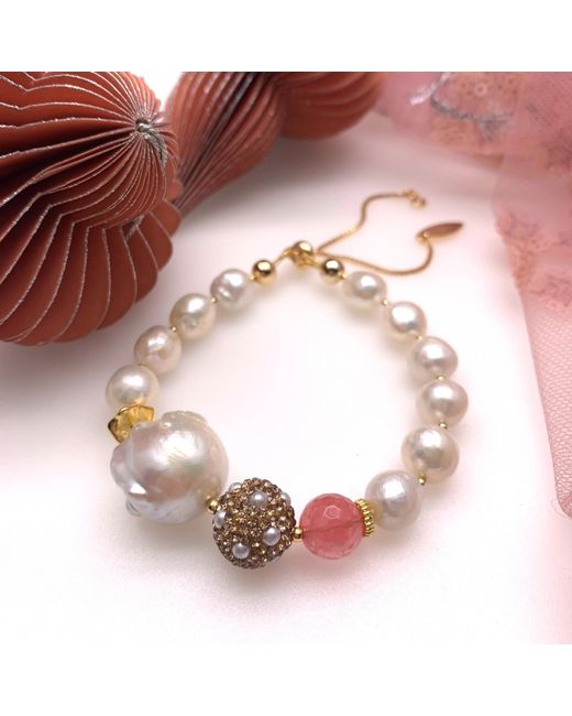 Farra Multicolor Freshwater Pearls With Watermelon & Rhinestone Bracelet