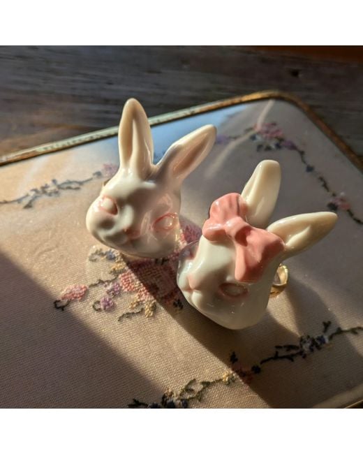 H2 Studio White Grumpy Bunny Porcelain 14K Plated Brass Ring