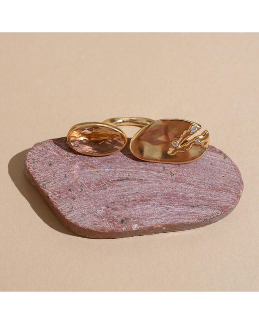 Rare Matters Jewelry Metallic Floating Stone Peach Glass Huggie Ring