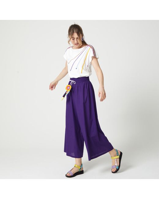 Lalipop Design Purple Cropped Wide-Leg Voile Pants With Crochet Belt