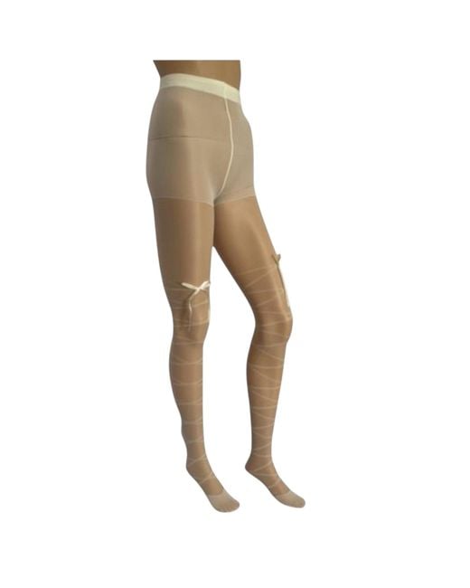 HIGH HEEL JUNGLE by KATHRYN EISMAN Natural Satin Bow Lace Up Tights Ivory
