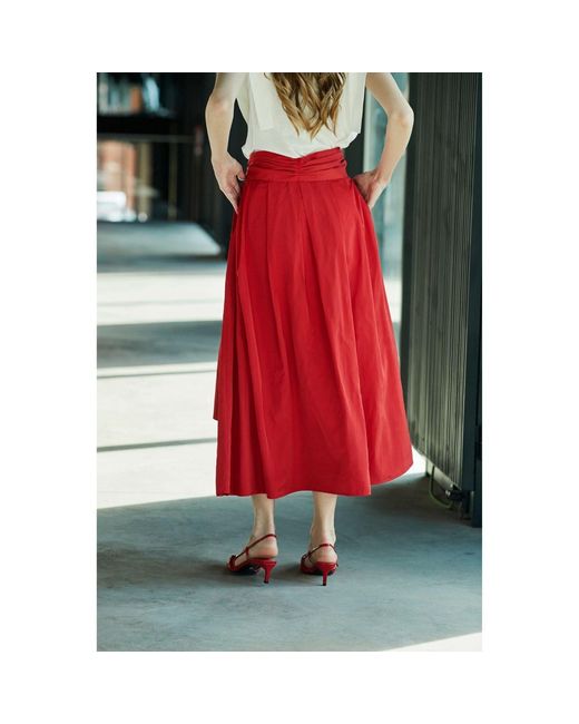 The Extreme Collection Red Midi Skirt Taffeta With Waist Tie
