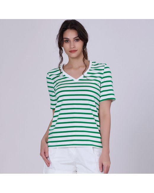 Smart and Joy Green V Neck Stripes Cotton T-Shirt