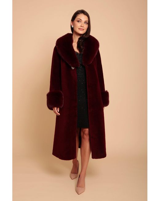 Santinni Red 'Sunset Boulevard' Long Wool Coat With Faux Fur Collar