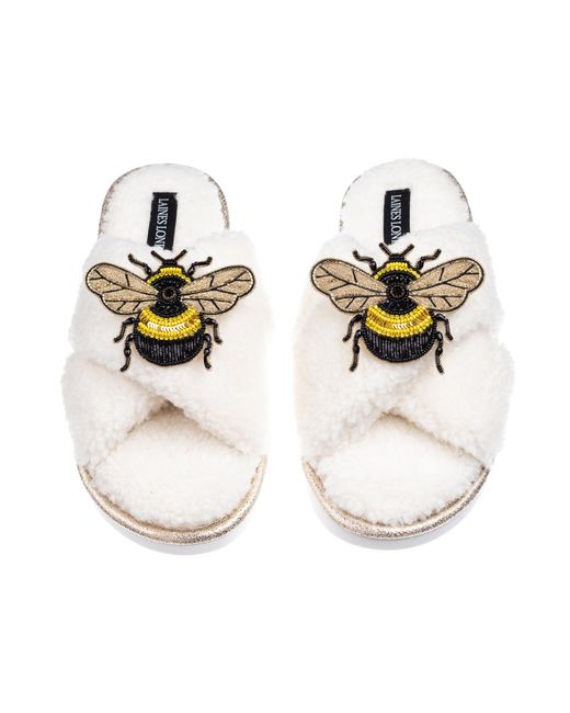 Laines London Metallic Neutrals Laines Neutral Boucle Slippers With Double Honeybee Brooches